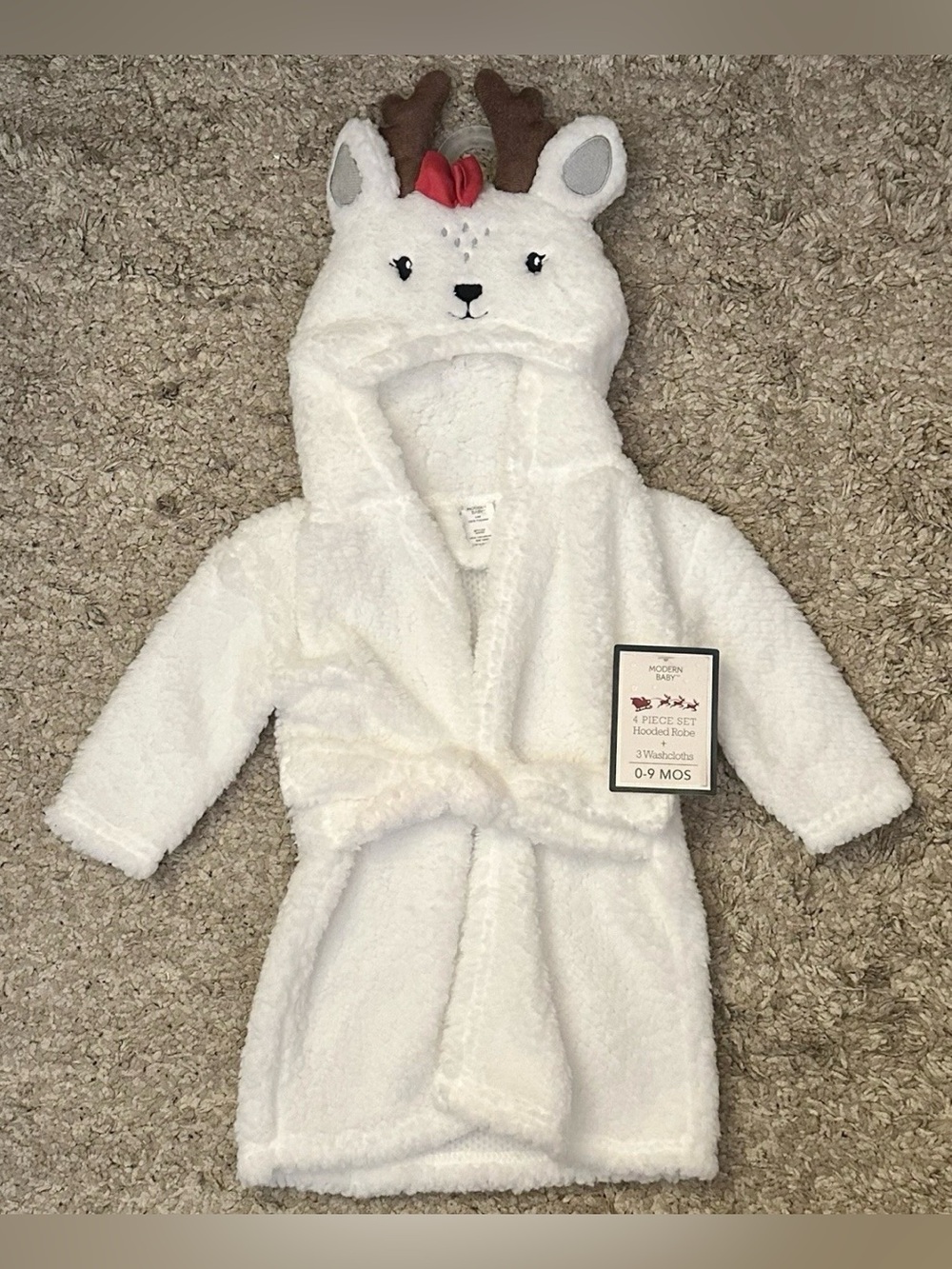 Modern Baby Infant Girl 0-9M White Plush Reindeer Tie-Front Hooded Bathrobe NWT